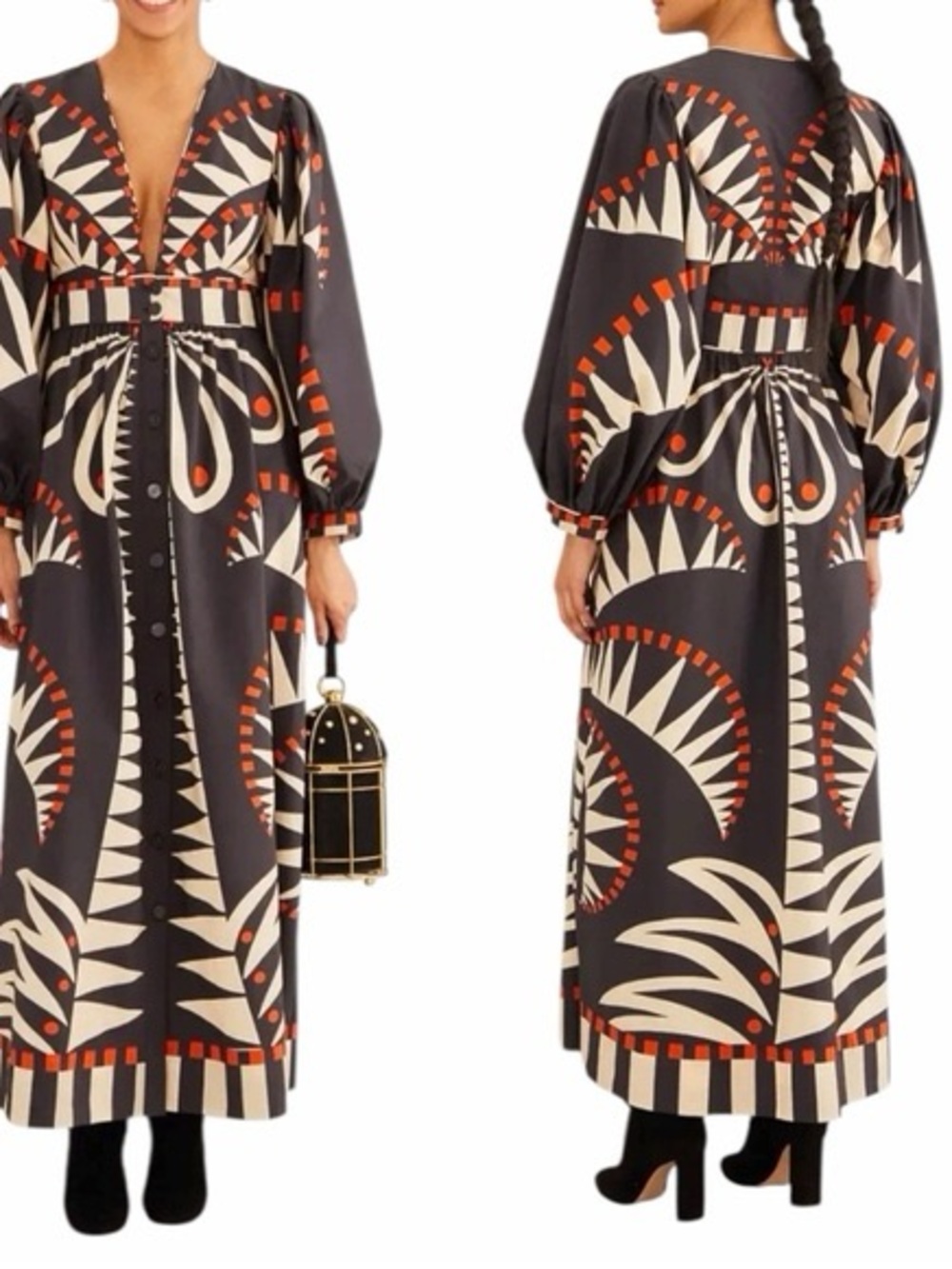 FARM Rio Black Cream Midi Dress with Orange Trim